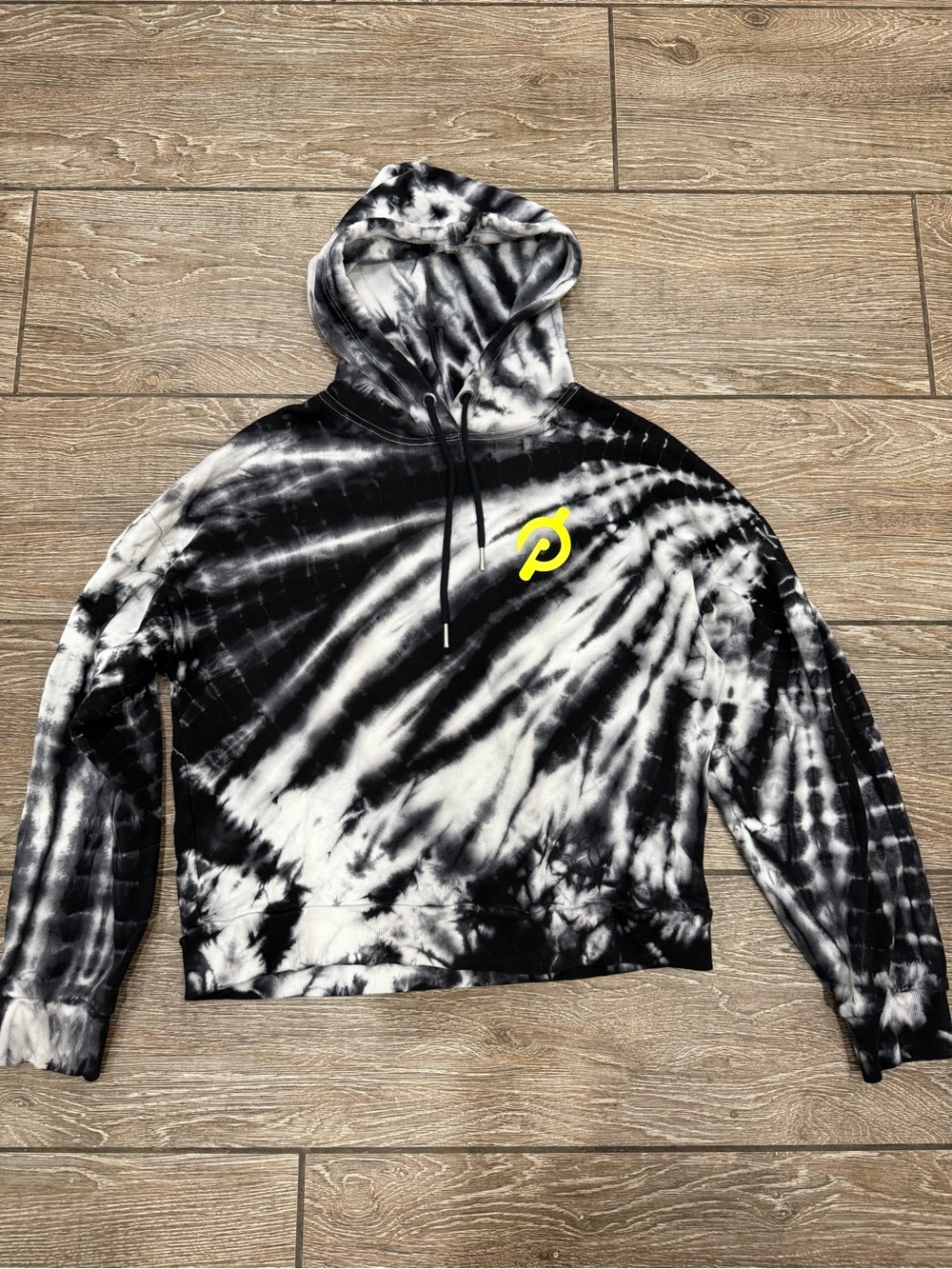 Peloton Black and White Tie-Dye Hoodie with Yellow Logo